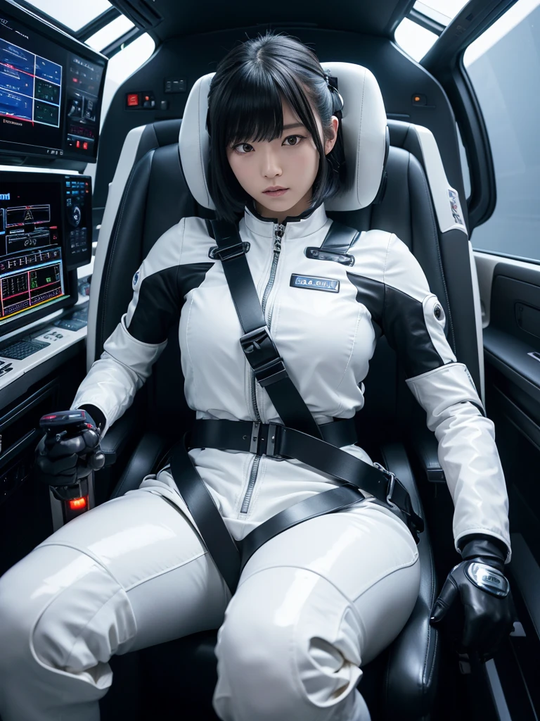 Japanese female android,Black Hair,The spaceship's cockpit,The person is completely secured in the seat with the backrest reclined by a thick harness belt.,Plump,Spread your legs,Squat,Shiny white robot suit,Robotic arms and legs,Surrounded by switches and monitors,