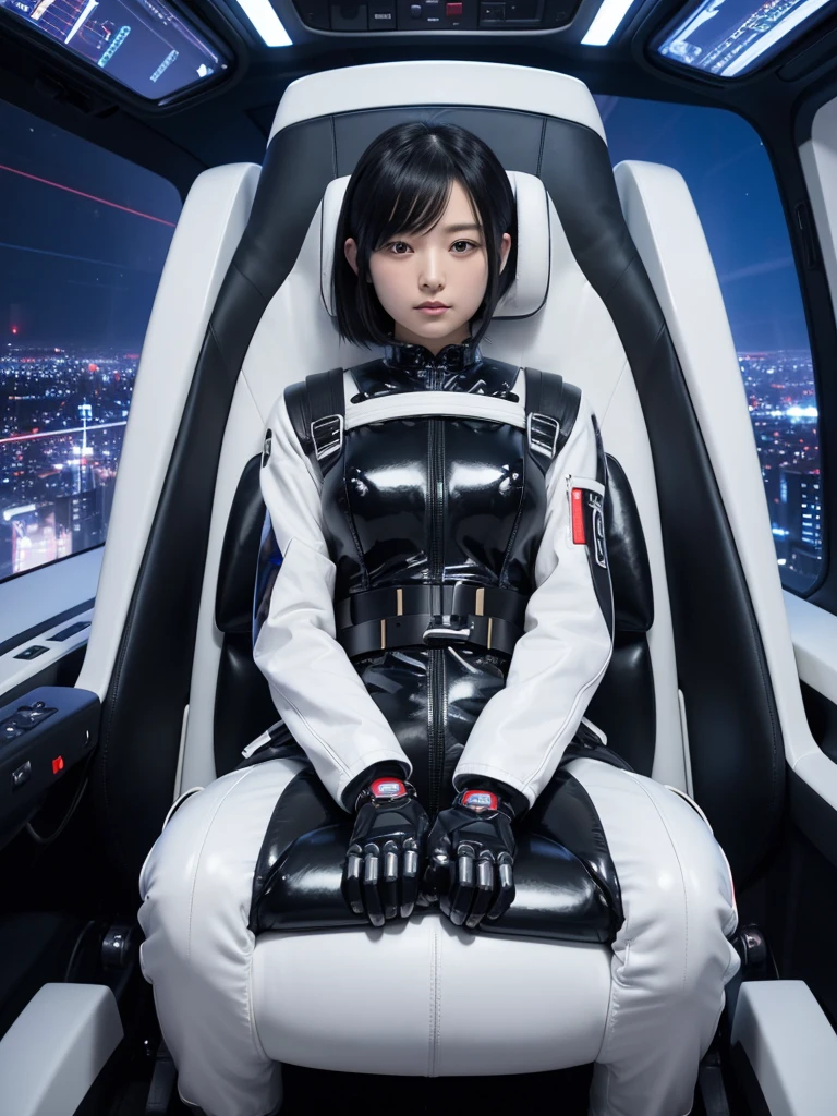 Japanese female android,Black Hair,The spaceship's cockpit,The person is completely secured in the seat with the backrest reclined by a thick harness belt.,Plump,Spread your legs,Squat,Shiny white robot suit,Robotic arms and legs,Surrounded by switches and monitors,