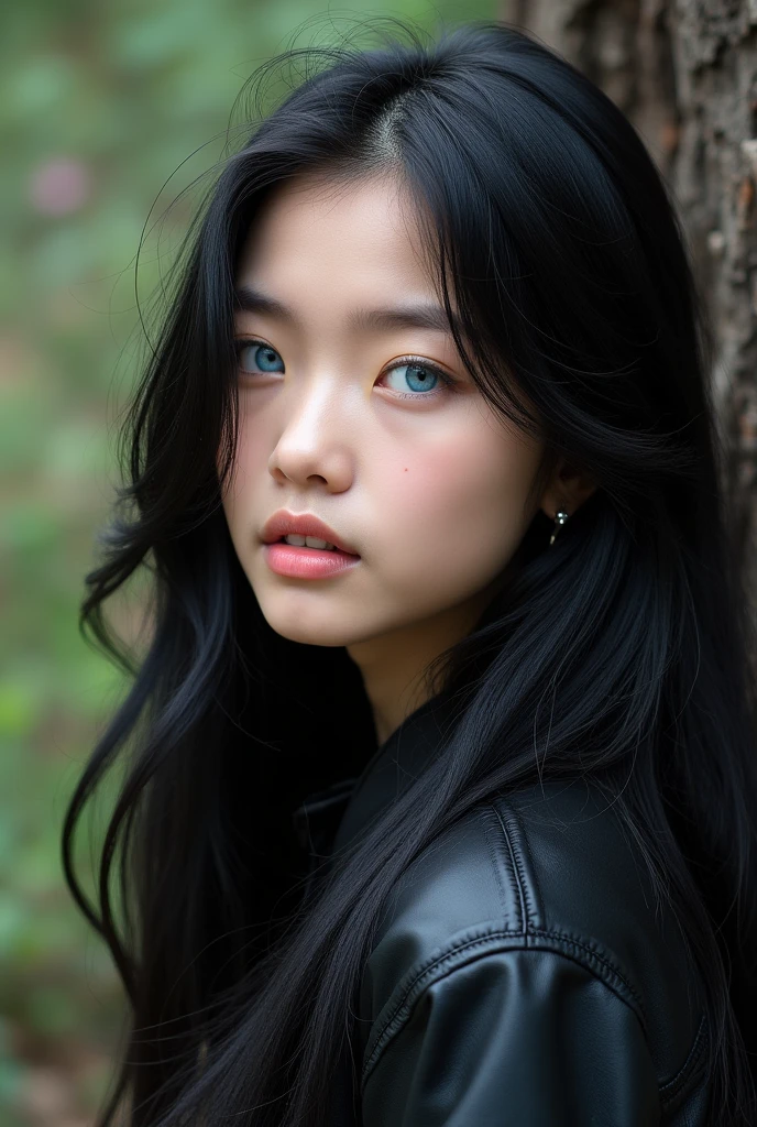 beautiful blue eyed chinese girl, long black hair, without makeup on the face, and with a rock style. Realistic photos