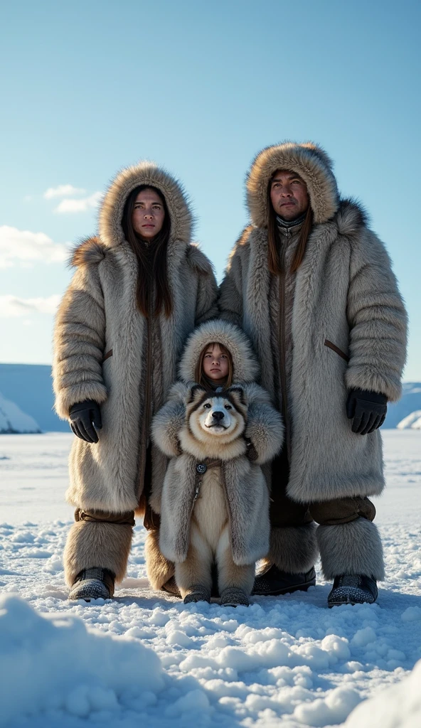 In the foreground, an Inuit family is depicted under the cold, clear Arctic sky. They are wearing traditional fur clothing made from seal and caribou fur, which is thick and designed to insulate against the frigid temperatures.
