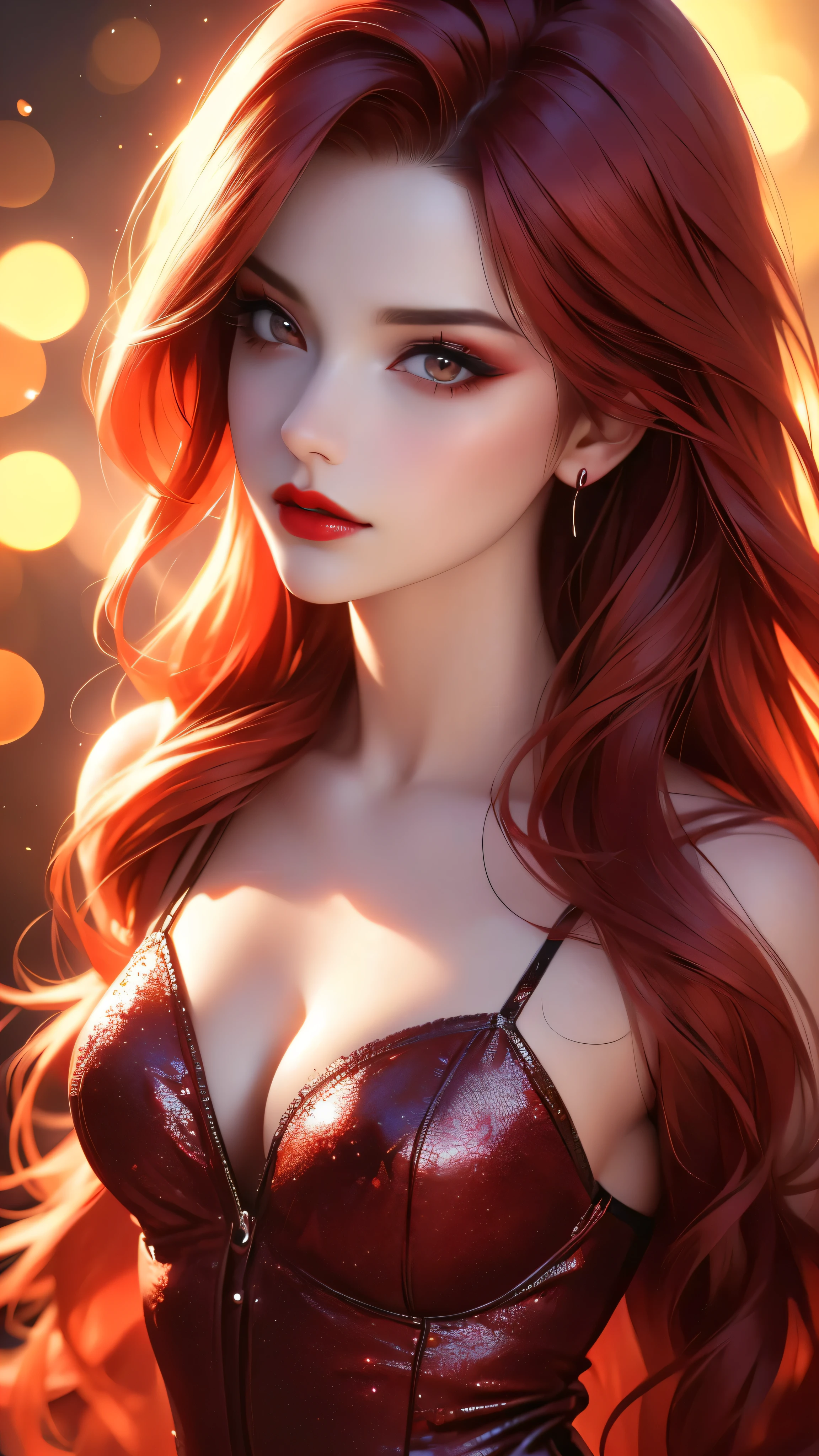 a beautiful woman with long red hair, detailed makeup and red lipstick, cleavage, looking at the viewer, (best quality,4k,8k,highres,masterpiece:1.2),ultra-detailed,(realistic,photorealistic,photo-realistic:1.37),studio lighting,vivid colors,bokeh,cinematic portrait,cinematic,dramatic lighting,warm color tones,high contrast