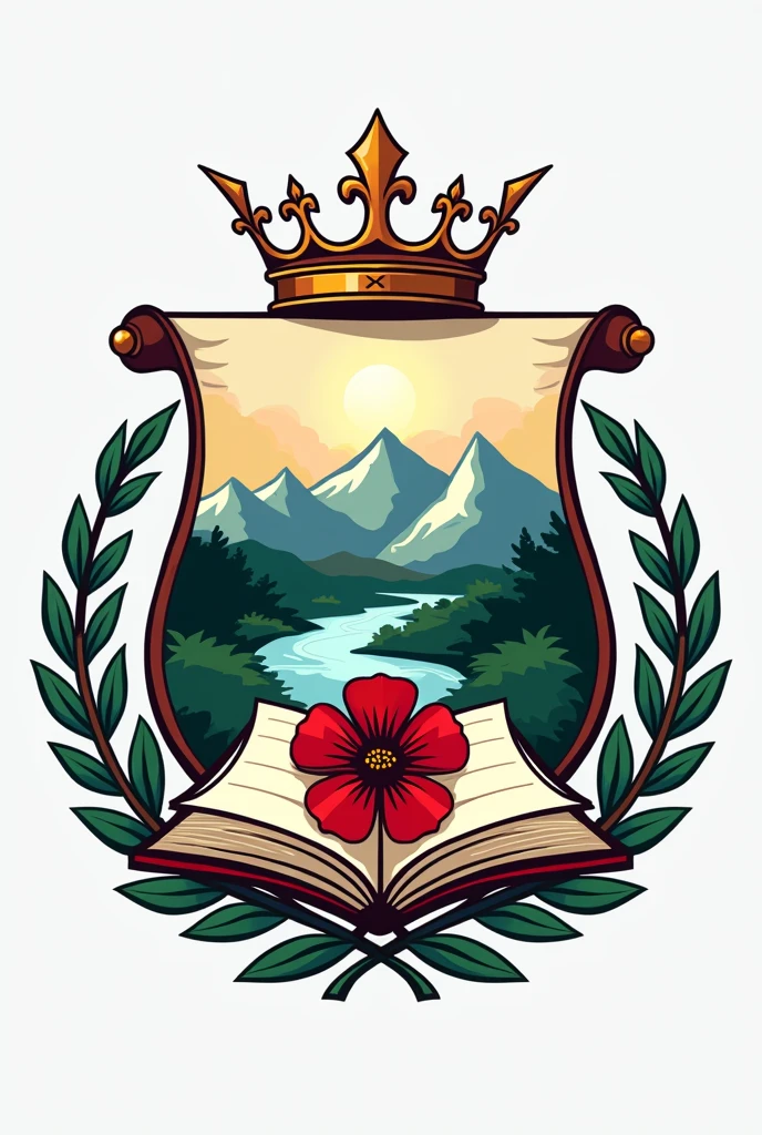 Create a school logo that has a crown on top and laurel leaves on the sides and in the middle a scroll with mountains and a river, a red flower and a notebook 