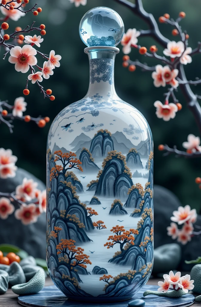 masterpiece，high quality，Best quality，aesthetics，Sculpture，Product photography，Glass bottles surrounded by jade landscape，陶瓷Sculpture玻璃瓶，Transparent water，Chinese 3D landscape painting background，复杂Sculpture背景，Chinese Song Dynasty Landscape Painting，Blue Theme，Surrealistic dream style，Organic fluid，Ray Tracing，Colorful flowers，Flower foreground occlusion，Natural light，jungle，C4D，OC Rendering