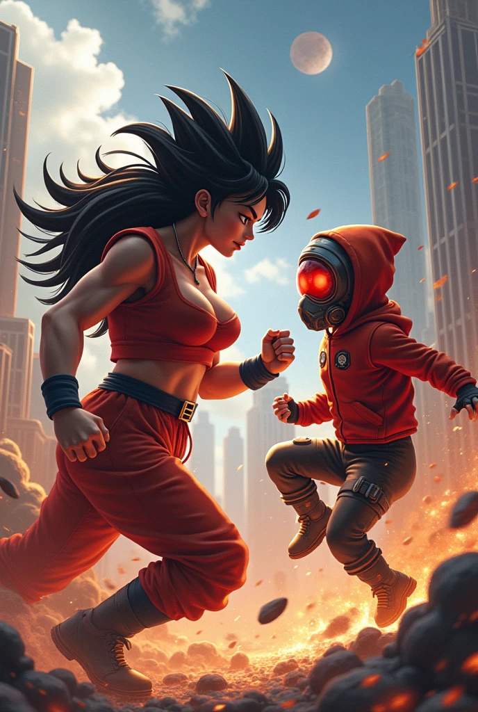 Goku, realistic, big breasts, full body vs. Youg boy with red hoodie, headphones, Star-lord helmet, rocket boots, gas helmet, covered mouth, round red, eyes, front cover, Kid Star-lord with red hoodie, star-lord helmet, gas helmet, covered mouth, round red eyes, Red eyes, magic rings in the hands and rocket boots, Fighting, power, fiction, 2 persons, magic lasso, hight, fall, DJ, view of the city from above, flying in the sky, capa roja, fire under shoes, Space, Smoke, World, blow on the cheek.