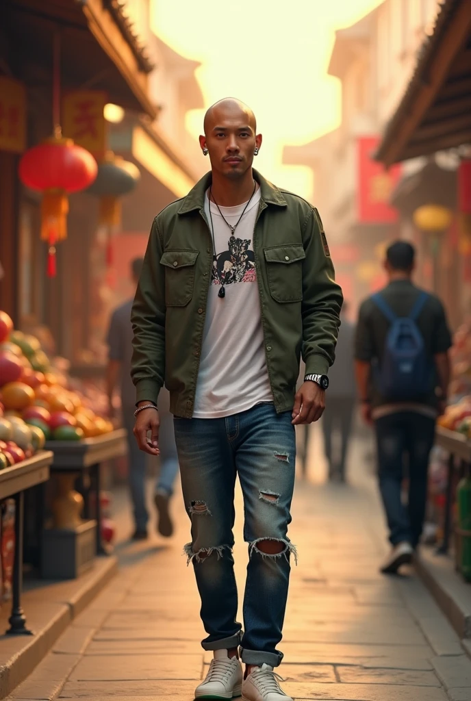 (photorealism:1.2), Seorang pria asia sangat tampan(slimfit body) rambut botak 1cm, berjalan di pasar tradisional yang sangat ramai orang lalu lalang, memakai army jacket dan kaos sablon putih celana jeans sobek2, sepatu sneaker nike model terbaru, handsfree, warm colors, by Greg Rutkowski, by Alphonse Mucha