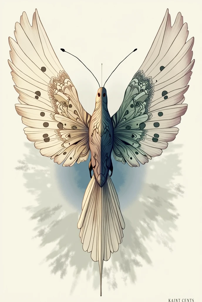 Mixed image of the right side a butterfly wing and on the right side a dove wing in drawing style
