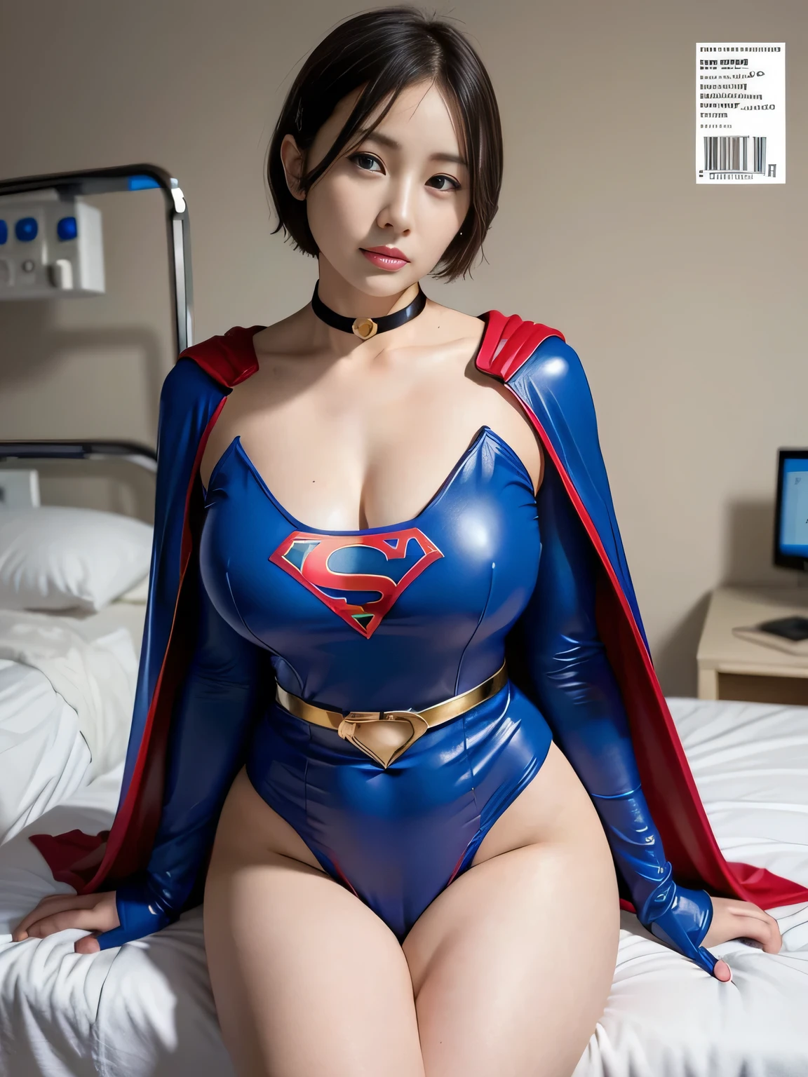 masterpiece、Rubber Supergirl Costume、short hair、barefoot、Big and ample breasts、looking at the camera、choker、Long sleeve、Cape、mini skirt、Off the shoulder、Sweaty skin、In front of medical equipment at the hospital、Photo magazine cover、Glamorous cleavage、Boasting beautiful legs、High leg leotard、Glamorous bare legs、Nymphomaniac young wife in her 30s、Close-up shot from the front、