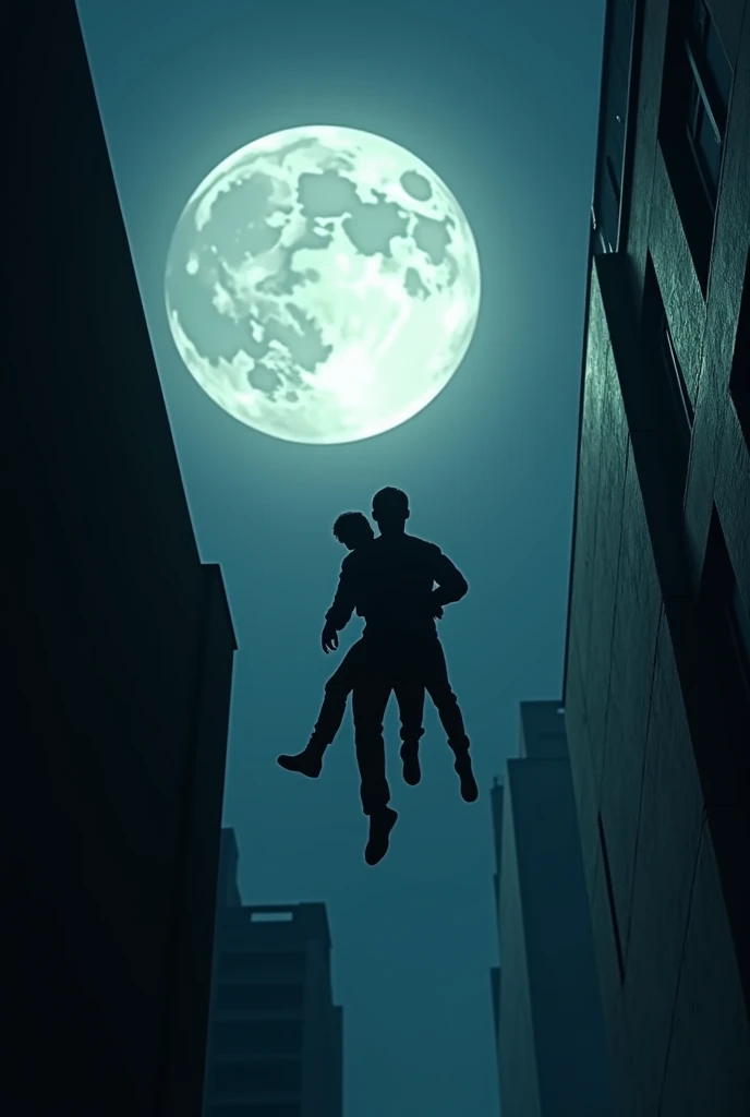 In a bright moonlit night, another person carrying a person and jumping off a building is depicted more clearly from below, and the composition is exaggerated with a low angle and perspective.