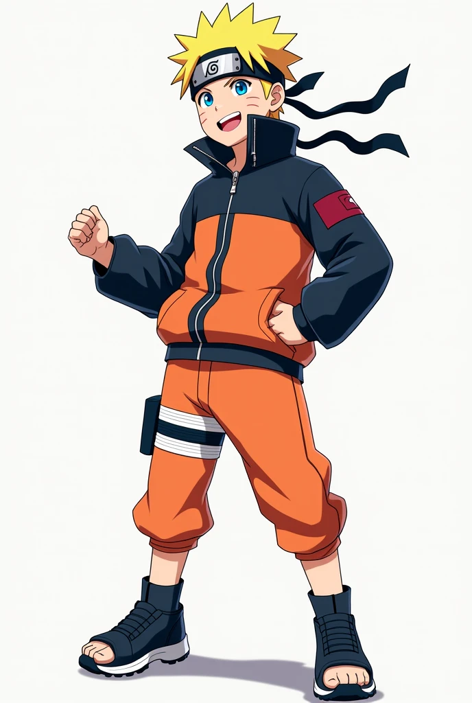 1boy, Solo, Alta resolución, Naruto Uzumaki wearing sportswear with running shoes. Full body. Blonde and blue eyes., Naruto Uzumaki Cabello corto, Sonrisa, Ojos azules,