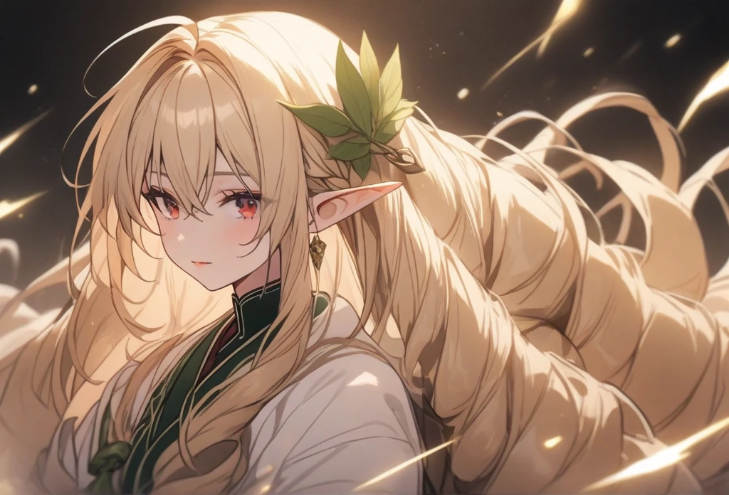 1girl,blonde hair,solo, very long hair,pointy ears,twin drills,red eyes,solo,ahoge,elf,drill hair,hair between eyes,bangs,hair intakes,hair behind ear, good hands, best hands, cowboy shot, the greater lord rukkhadevata,  side braid, long hair,((white hair)) leaf hair ornament 