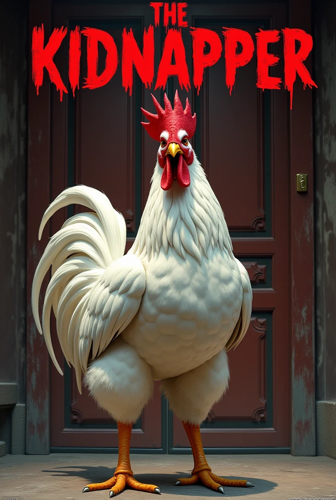 Half-muscled white rooster behind you should see brown doors and above the door a large title that says " THE KIDNAPPER " que el gallo blanco mire de frente  su titulo debe decir THE KIDNAPPER 