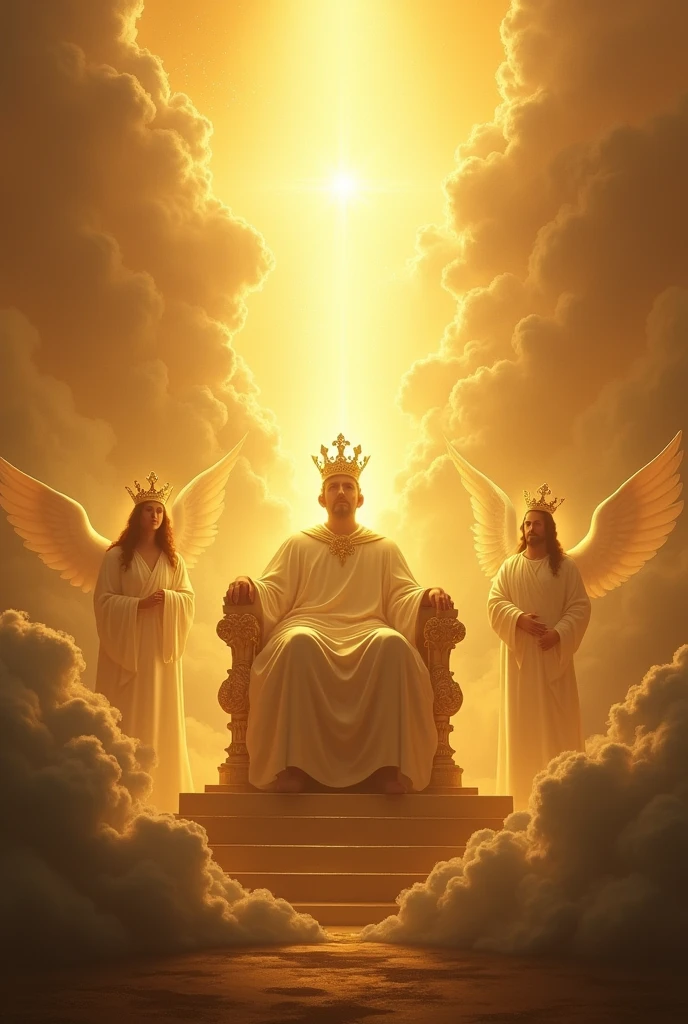 Crie Deus Pai coroado e assentando em um trono with his face hidden because it shines so much. To the right of the throne make Jesus crowned standing, with his face hidden because it shines so much. Use shades of gold, many clouds and angels worshiping the glory of God