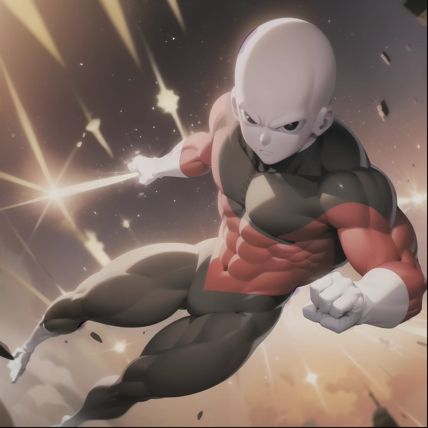 ((masterpiece, best quality)),(complex lighting),solo,1boy, full body, jiren,white gloves,bodysuit,muscular,bald light particles, dust particles,monkey in head