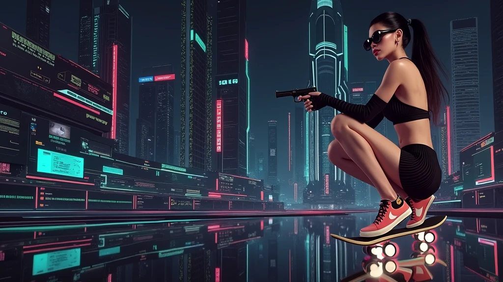 Matrix inspired futuristic cityscapes with colorful all-glass outlined towering skyscrapers with lightning, flying vehicle. High-resolution OLED GUI interfaces in the building, The windows are filled with transparent data visualization infographics that show it all, very close-up green glowing cascading code. Colors are saturated and vibrant. At night, (1 female assassin crouching on a skateboard, solo, alone), photorealistic, large-breast slim:0.6 body, oval:0.5 face, black mini bra, cleavage:1.1, deep-v, very low angle view of black pleated miniskirt, white panty, (upskirt), glove, (Matrix style black micro sunglasses), (aiming viewer with a short gun), dynamic skateboard jumping pose, (full-body thigh level close-up:2.0 shot), cinematic lighting, ray tracing, motion blur background.