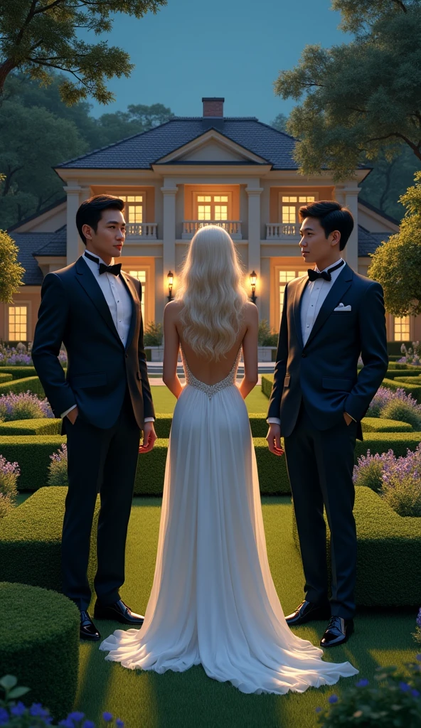 a 3 asian man in a suit and an asian woman with long blonde hair in a white dress in a garden of a luxurious mansion at night
