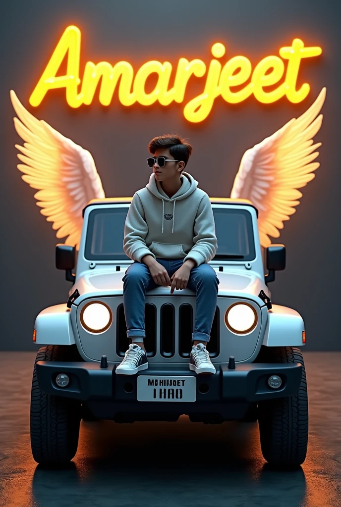 Create a 3D realistic image for a profile picture where a 2 boy is sitting casually on a white Mahindra Thar car. He is wearing a hoodie, sneakers and sunglasses, and he is looking ahead. The background features “AMARJEET” in yellow neon light fonts on a dark grey wall along with wings to look like he is an angel.