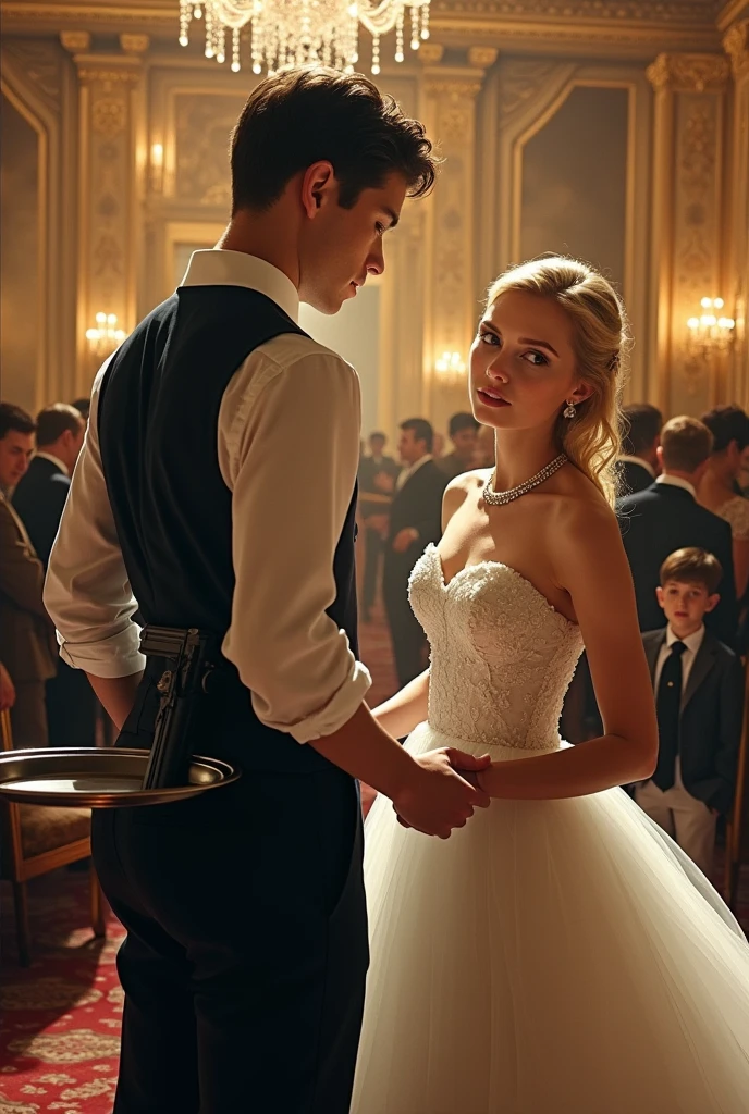 suspense book cover , A young waiter standing sideways with a tray in front of him and a gun behind him at a big wedding with a blonde-haired girl dressed in front of him, placing the gun well. Young boy 