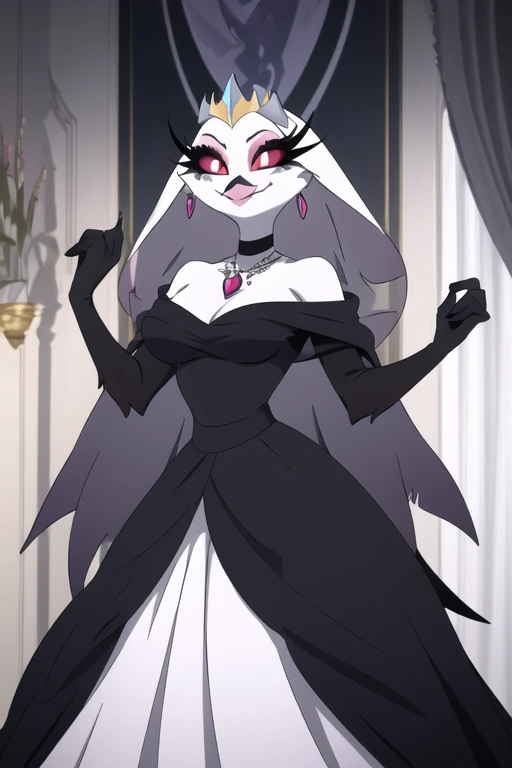 (best quality, masterpiece:1), furry female anthro stella, closed mouth, smile, wide-eyed, white pupils, black dress, black gloves, blue dress, cape, earrings, fangs, hair ornament, jewelry, long dress, necklace, see-through, 1girl, Solo, 