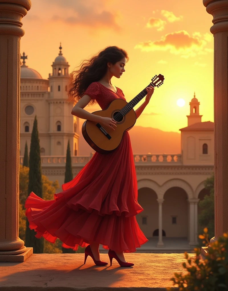 play of Memories of the Alhambra, sound of soul, eye closed, feeling up , A Spanish beautiful girl, cute girl ,wonderful girl, she is 18-age, (dark brown hair , brown eye, middle curl hair, little smile ), (tradition l Spanish dress and skirt , hi-heal ),((sitting play flamenco guitar: 1.3)),full-body,  front Alhambra palace, sunset, little cloud into sunlight, (super detail, high details, high quality, accurate, anatomically correct, textured skin, beautiful fingers super detail, high details, high quality, best quality)