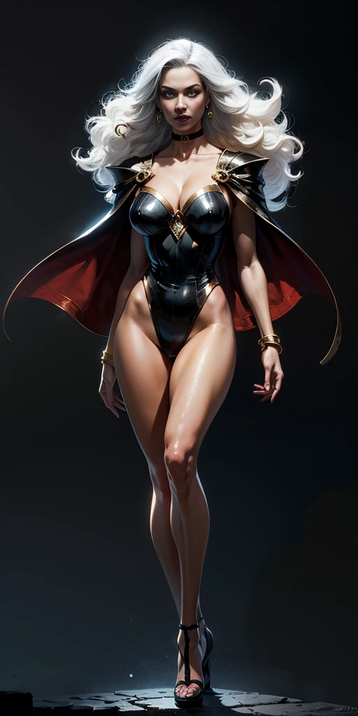 ((BLACK BACKGROUND,1:2, masterpiece)), full body MILF BIMBO standing with two long thighs and two metal sandals, red eyes, silver white hair, short bob style hair, big breasts, cleavage, snsfw, (masterpiece: 1.3), best quality: 1.4, 8k detailed unity wallpaper, high resolution, absurdities: 1.2, depth of field: 1.3, perfect lighting, cinematic shadows, highly detailed background, (super perfect head anatomy face fingers limbs arms hands legs), (super beautiful and detailed body of a wet woman, gigantic, long and sagging breasts, shiny hair, face, nose, shiny fingers, elongated eyes, skin proportion), slender: 1.5, narrow waist: 1.3, ownwaifu, long hair, white hair, big hair, curly hair, dark skin, dark skin woman, red lips, white eyes, very dark skin, lipstick, floating hair, very long hair, makeup, eyelashes, toned, jewelry, earrings, cape, bracelet, jumpsuit, gloves, superhero, choker, cool look, flying in the sky, high-tech city background, call a storm, tornado, thunder, raining, cinematic, beautiful figure, cowboy shot