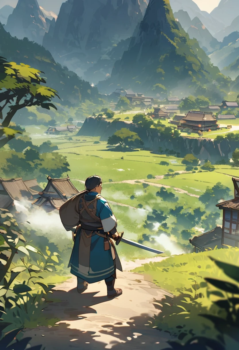 Outdoor duels in the Sengoku period。A 1 boy holds his sword amidst lush vegetation.、Take a step towards your opponent。Villagers and warriors are watching nervously around the area.、Mountains in the distance々is hazy blue。The boy's expression was a mixture of anxiety and determination.、I can feel the strong will to win.