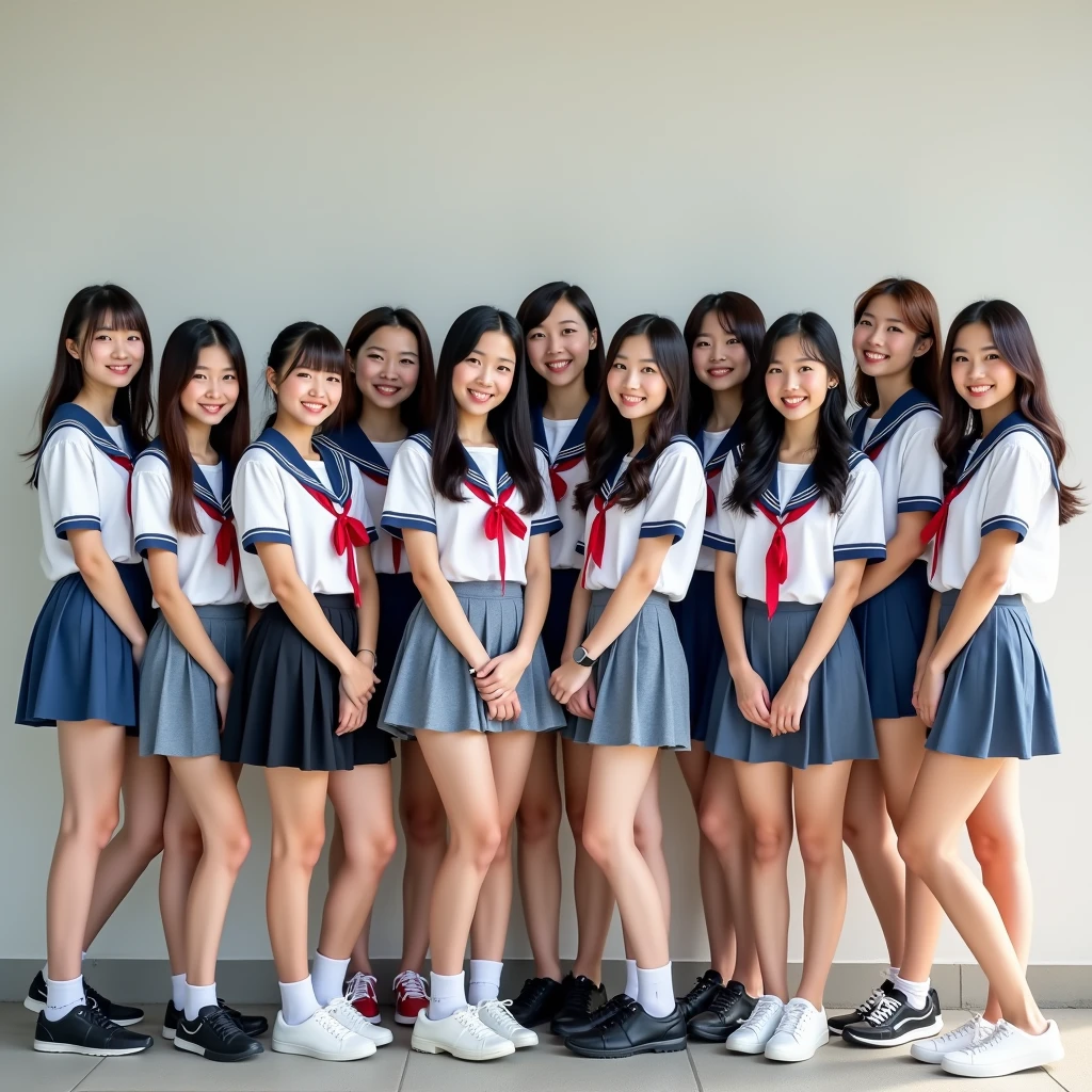 There are 10 beautiful female students: the first is a Thai female student, aged 18-19 years old, wearing a Thai school uniform; the second is a Lao female student, aged 18-1, wearing a Lao school uniform; the third is a Japanese female student, aged 19-20 years old, wearing a Japanese school uniform; the fourth is aged 20-2, wearing a South Korean school uniform; the fifth is aged 20-2, wearing a Taiwanese school uniform, standing for a photo in school, smiling beautifully.