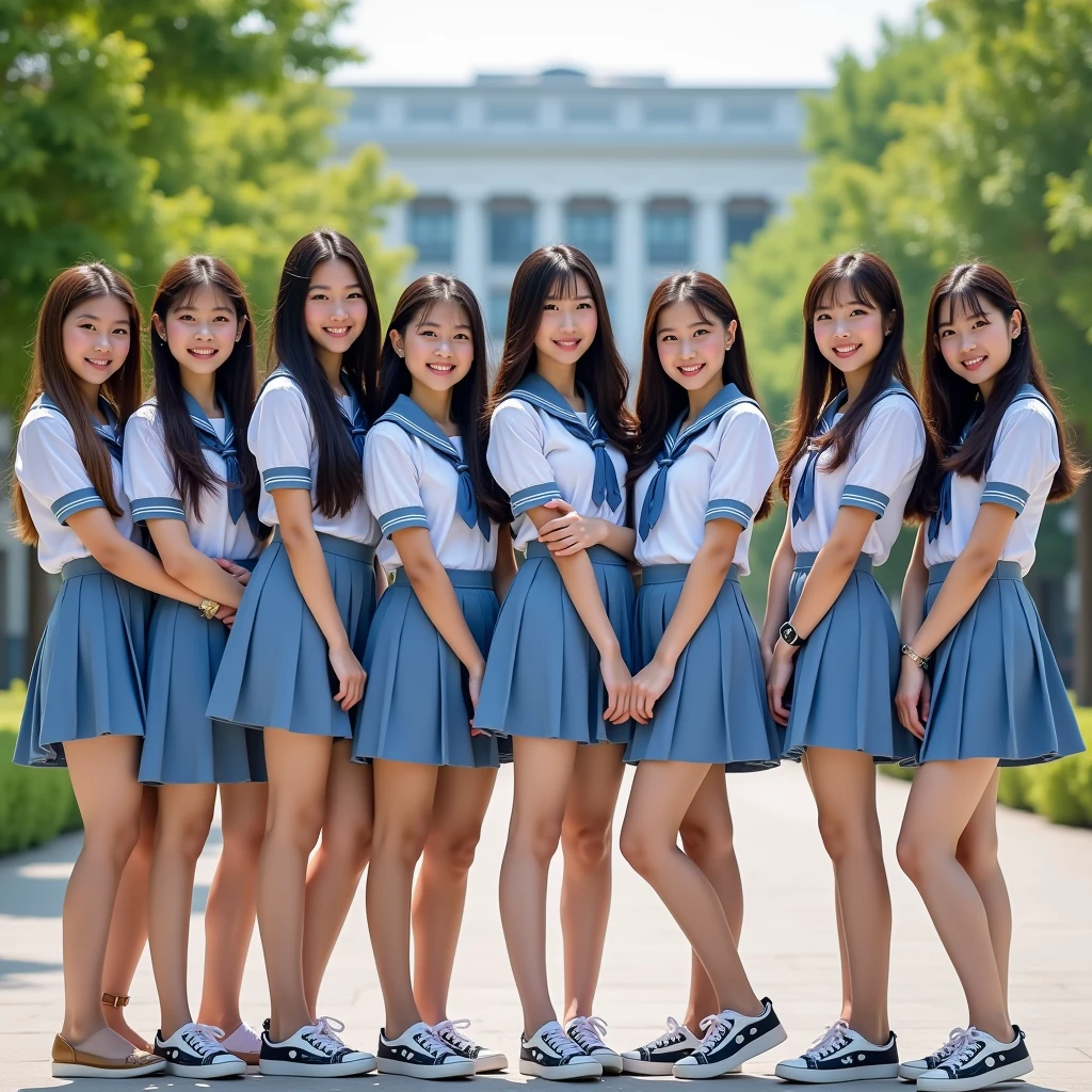There are 10 beautiful female students: the first is a Thai female student, aged 18-19 years old, wearing a Thai school uniform; the second is a Lao female student, aged 18-1, wearing a Lao school uniform; the third is a Japanese female student, aged 19-20 years old, wearing a Japanese school uniform; the fourth is aged 20-2, wearing a South Korean school uniform; the fifth is aged 20-2, wearing a Taiwanese school uniform, standing for a photo in school, smiling beautifully.