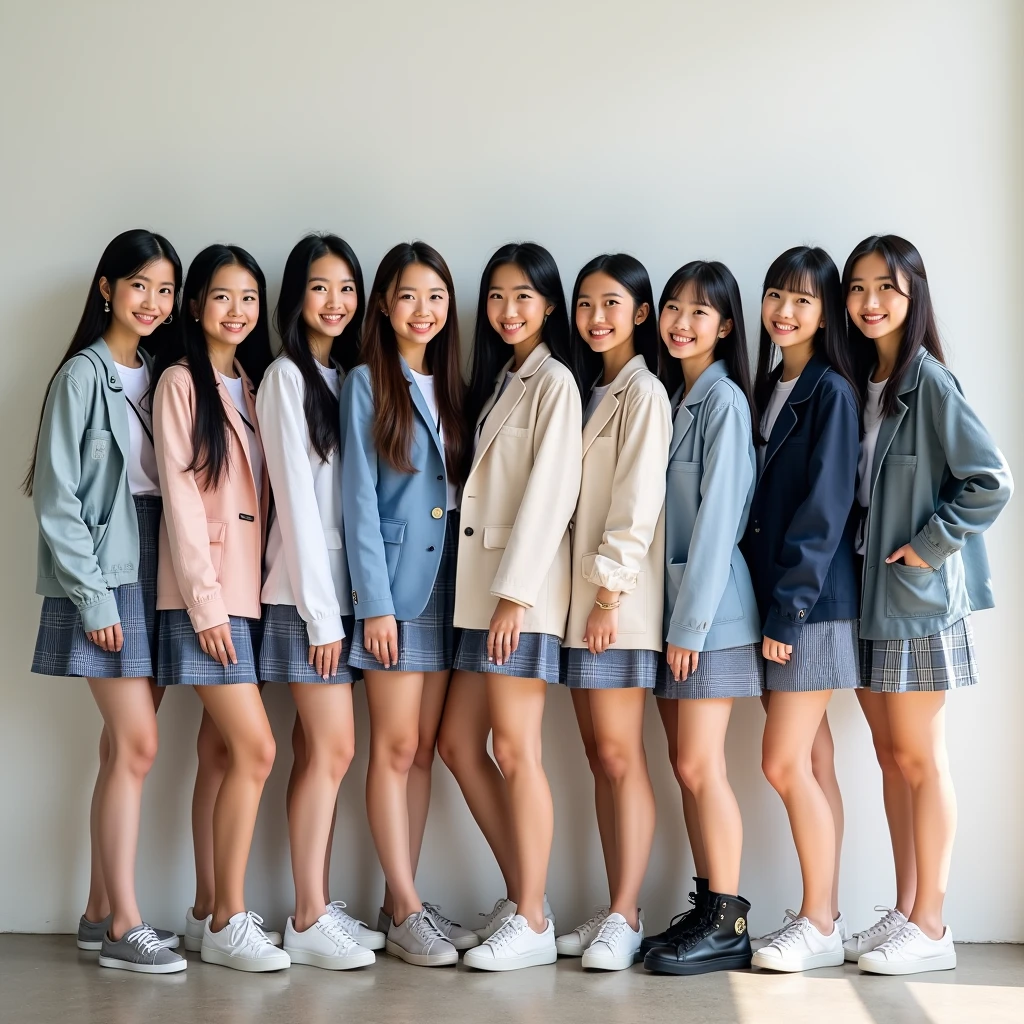 There are 10 beautiful female students: the first is a Thai female student, aged 18-19 years old, wearing a Thai school uniform; the second is a Lao female student, aged 18-1, wearing a Lao school uniform; the third is a Japanese female student, aged 19-20 years old, wearing a Japanese school uniform; the fourth is aged 20-2, wearing a South Korean school uniform; the fifth is aged 20-2, wearing a Taiwanese school uniform, standing for a photo in school, smiling beautifully.