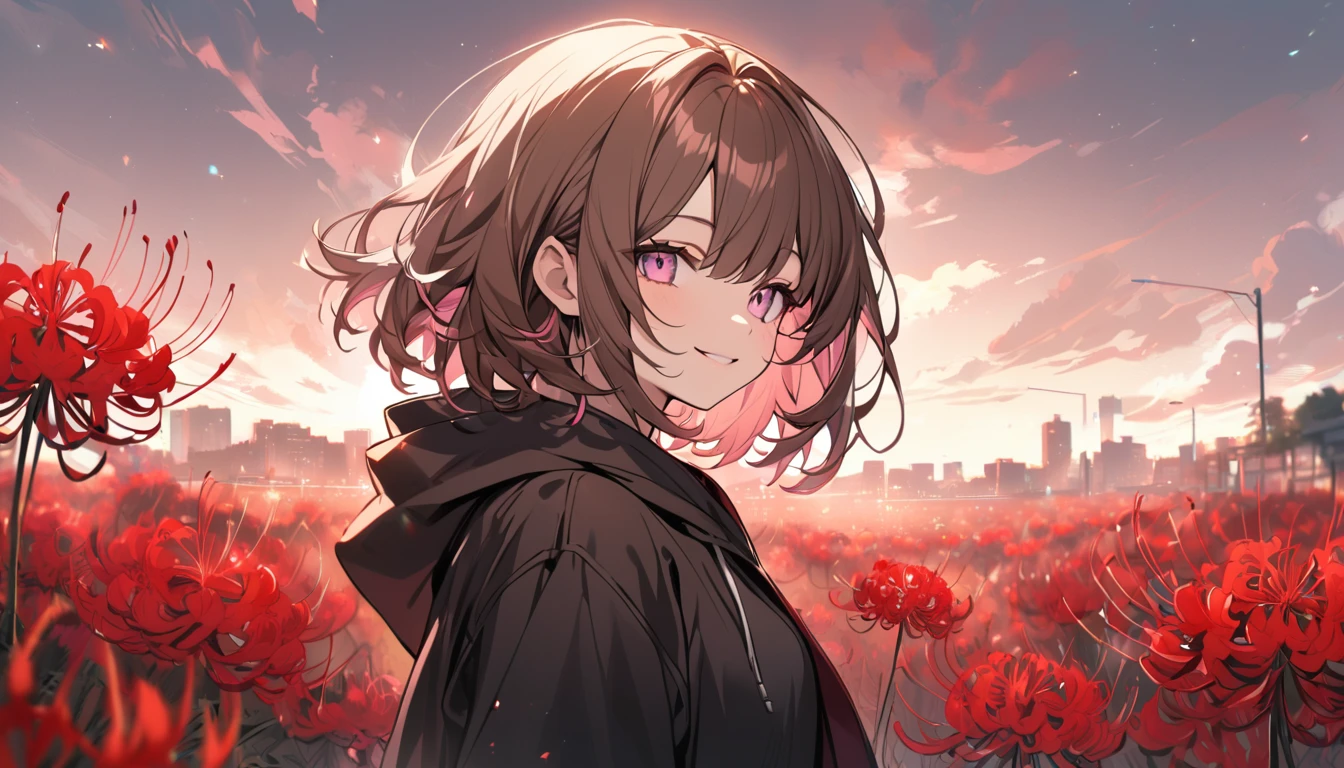 good looking, alone, 1 female, Medium Hair, Brown Hair, Pink highlights on the tips, Pale pink eyes,Smile Facial,Red spider lily,Black hoodie