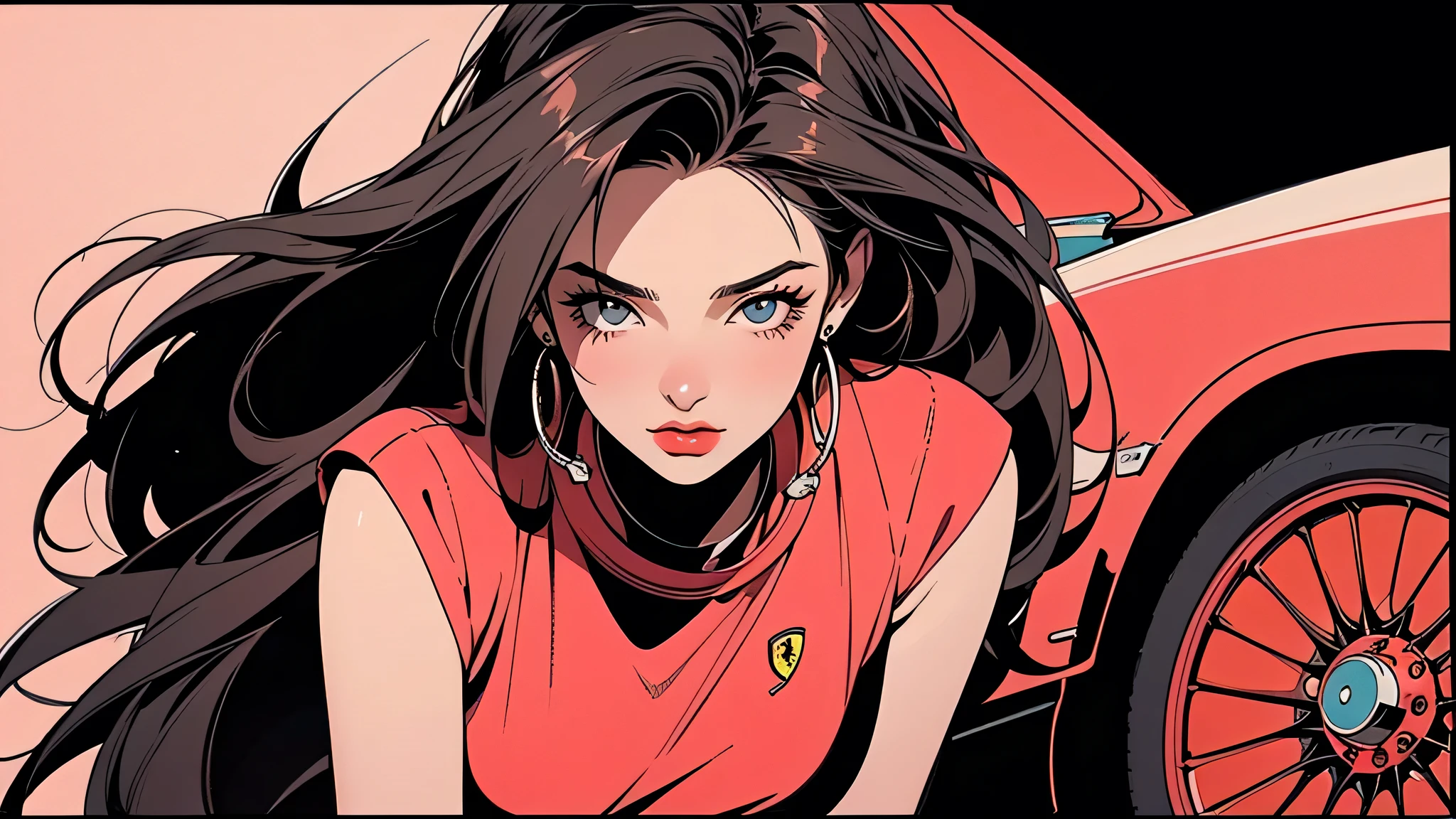 retro girl, Miami, sunset, Ferrari, 90s, (Flat color, flat texture, line art:1.2), graphic design, (Heavy ink, ink black),