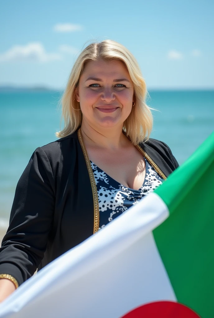 Close up, blonde, plump woman, wearing a black, white, blue dress, with gold trim on her jacket, holding the white and green Algerian flag, looking directly at the camera, she is standing on the blue seashore