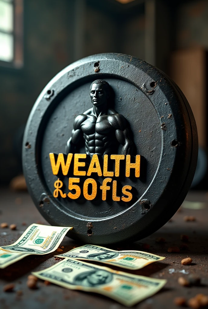 Create a MUSCLE logo & MONEY writing only  (no people showing up )rustic, a 50lb gym weight and Brazilian real money notes, avatar does not appear 