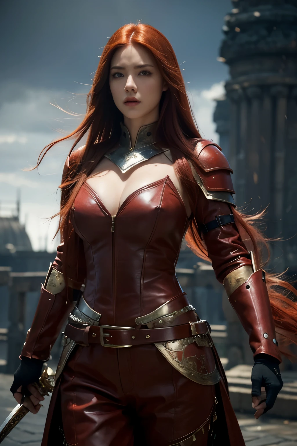 a beautiful young woman with long red hair,extremely detailed face and eyes,flawless skin,large and firm buttocks,leather swordsman attire,detailed armor and weapons,medieval fantasy style,dramatic lighting,cinematic composition,realistic volumetric lighting,highly detailed,photorealistic,8k,vibrant colors,moody atmosphere