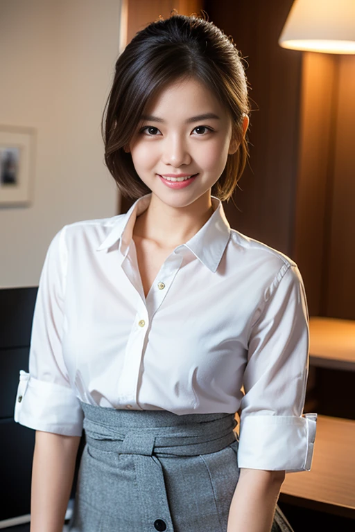 (A beautiful Japanese office lady, age 22, wearing formal White shirt with buttons & grey mini-skirt, resting in office at midnight,

 Easygoing expressions, kind smile, dimpled chins, cute snaggle-tooth, short bob hair ponytail, symmetrical face, realistic detailed face, beautiful detailed eyes, perfect body proportions, ample round bosoms, 

photorealistic, hyper-realism, high contrast, ultra HD, realistic skin textures, top image quality, top-quality, super high resolution, fine details, very meticulously, masterpiece, medium shot, close-up shot, waist focus, High Angle Shot, bokeh background, SFW, Safe For Work)