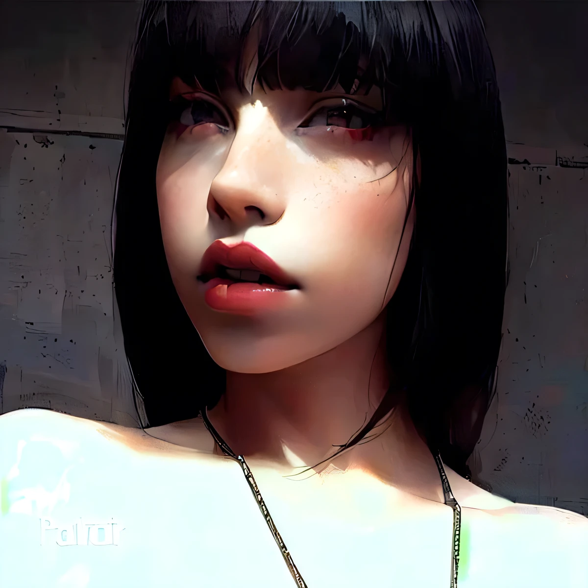 there is a woman with a necklace on her neck and a necklace on her neck, 1 goth girl, 🤤 girl portrait, 1 anime goth girl, pale goth beauty, she has black hair with bangs, lily frank, extremely pale white skin, pale porcelain white skin, with pale skin, 1 girl