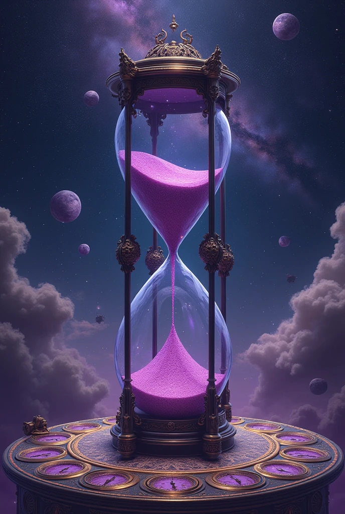 make me a purple and black universe scene with a big hourglass and clocks around it