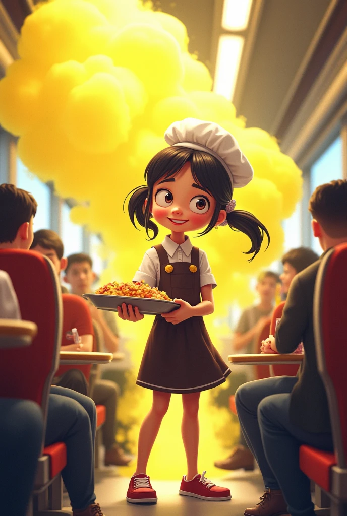 ,(Girl farting while serving passengers )) yellow smoke