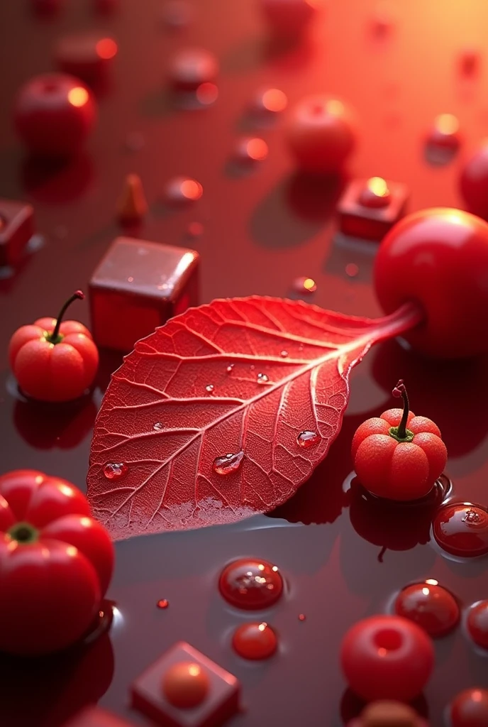 no_humans, red_theme, leaf, blurry, ice_cube, food_focus, ice, fruit, water_drop, still_life, water depth_of_field, blurry_background
