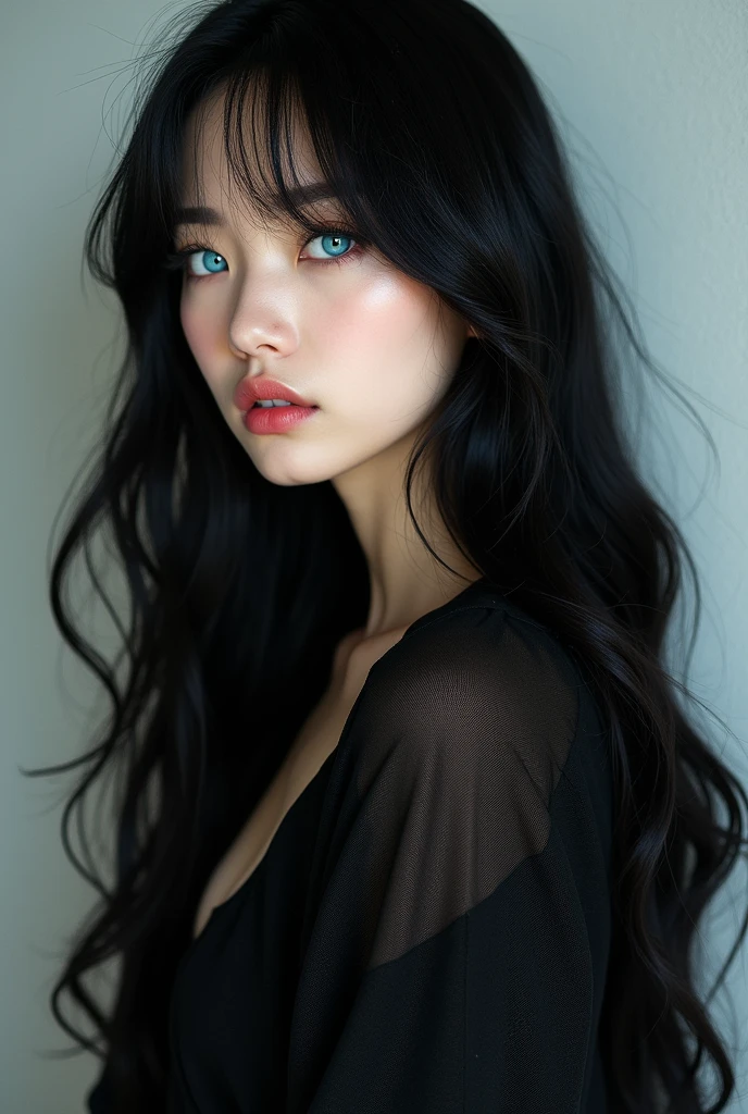 beautiful blue eyed chinese girl, long black hair, and with a rock style. Realistic photos