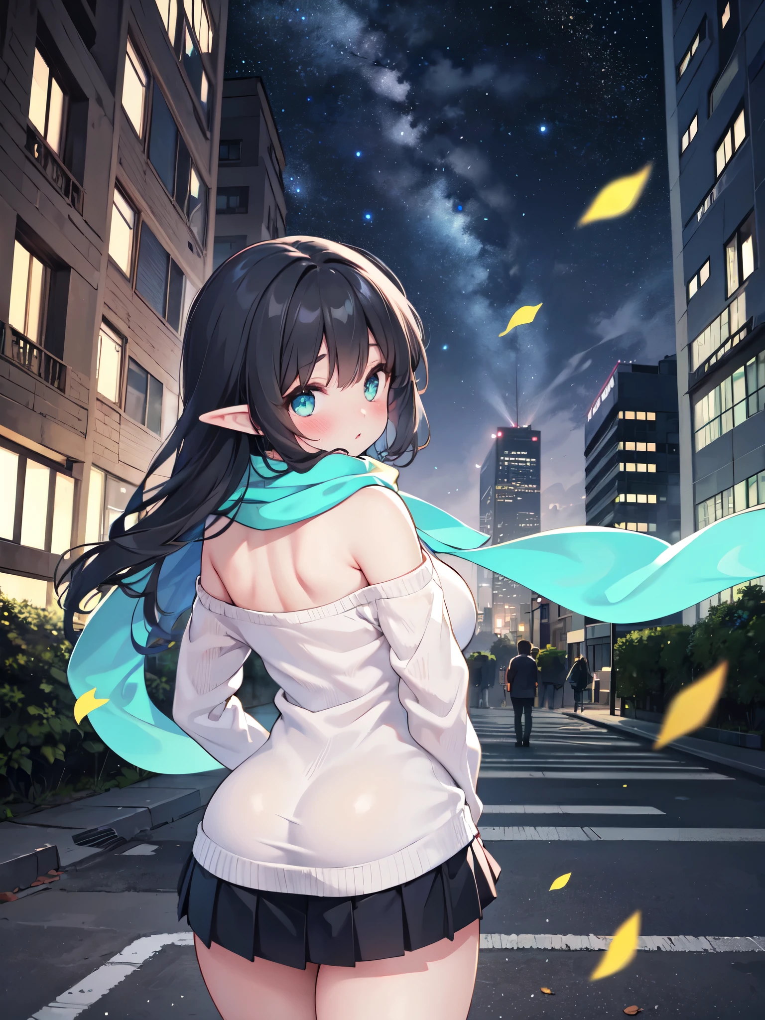 Realistic image, detailed and coherent image, 1 elf, turquoise eyes, black hair, very long hair, blushing, shy, She has a curvy body, medium breasts and thick thighs, She is wearing an off-shoulder sweater, with scarf, pleated mini skirt with embroidery, She is posing sensually, erotic, arching her back, leaves falling around, view from back, starry night, urban background, surrounded by buildings and people, soft focus, dramatic shadows, volumetric lighting, natural lighting, background of a park