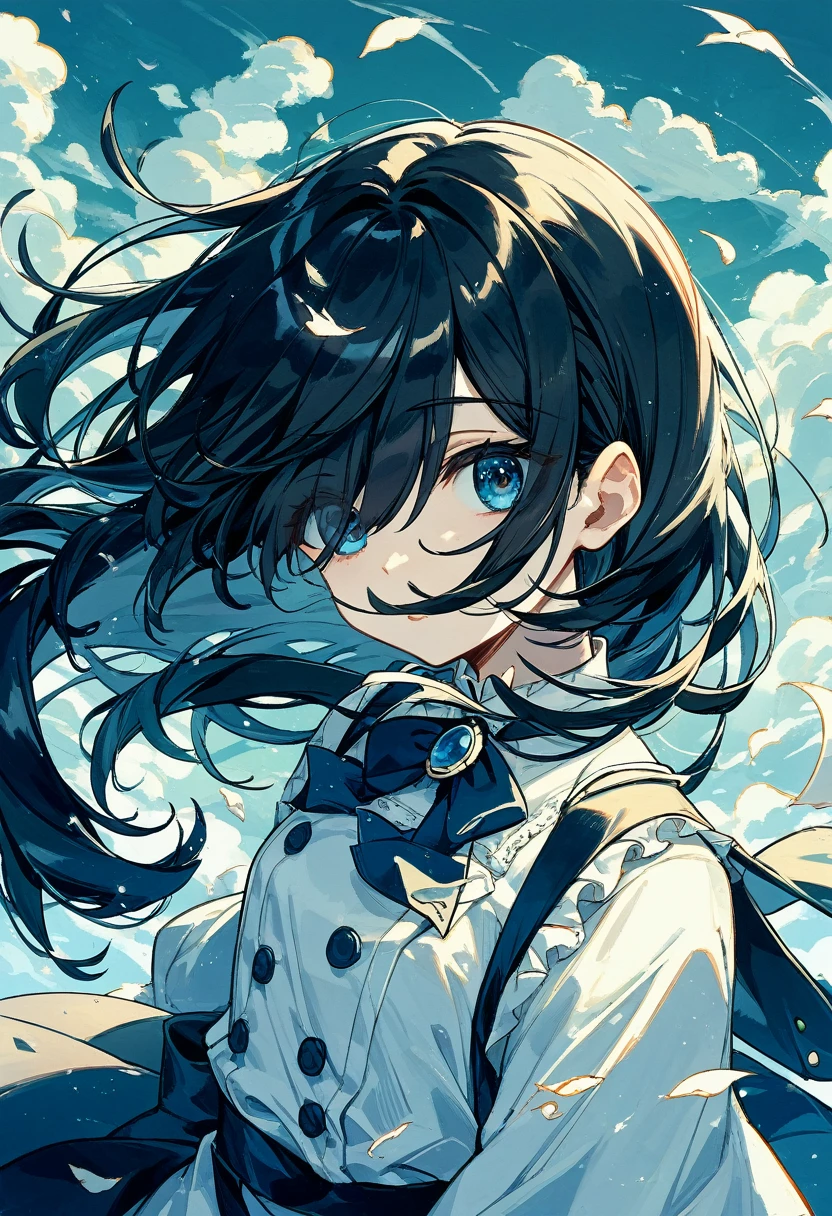 eyes visible through hair / bangs,(hair over one eyes),Long Black Hair、blue eyes,(Cute butler girl),Hair fluttering in the wind