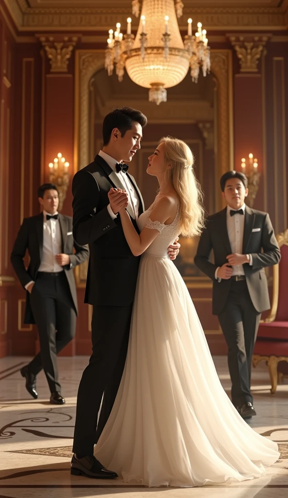 a 3 asian man in a suit and a blonde asian woman with long hair in a white dress dancing in a luxurious mansion