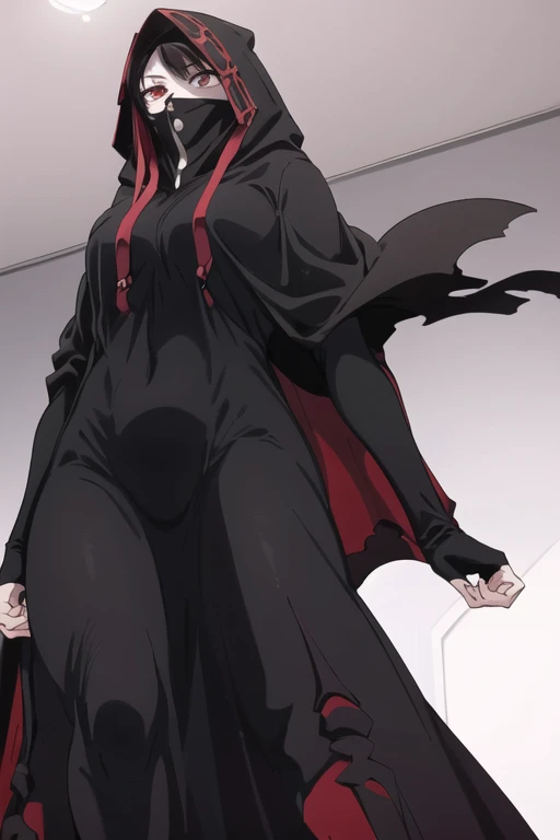 NNAssassinFSF, 1girl, solo, black hair, red eyes, long cape sleeves, sleeves covered hands, long skirt, no hands, dress, long cape, cape, black cloak, hood up, black robe, covered mouth, hooded cloak, ((masterpiece, best quality)) rooms, bedroom, from below 