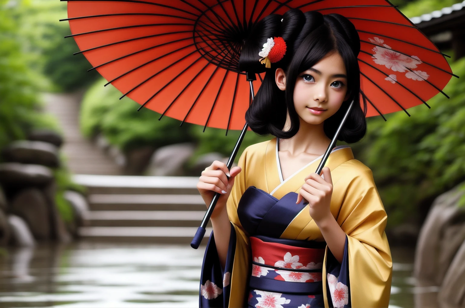 Anime dark skin geisha green eyes holding umbrella, fan