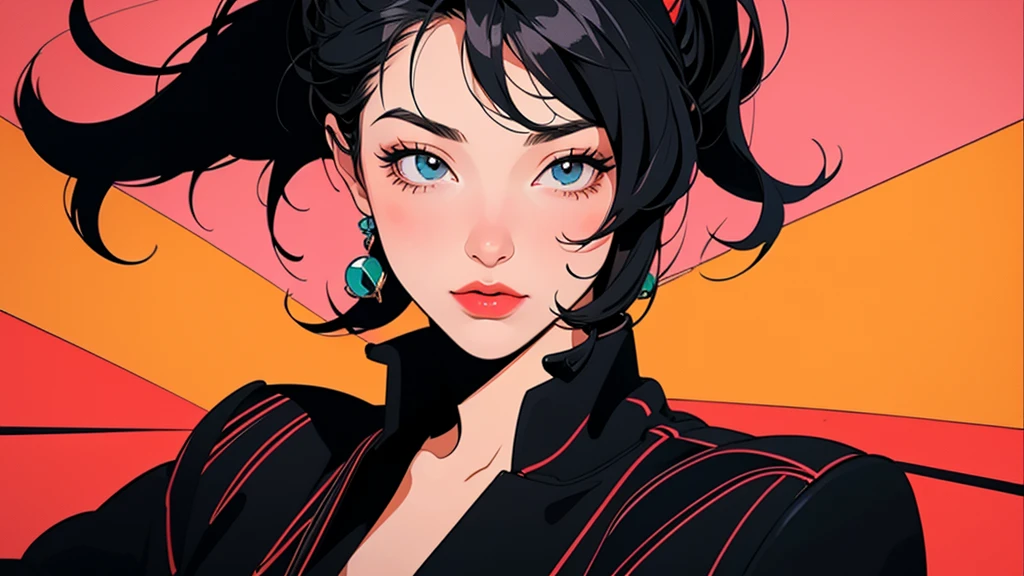 retro girl, Miami, sunset, Ferrari, 90s, (Flat color, flat texture, line art:1.2), graphic design, (Heavy ink, ink black),