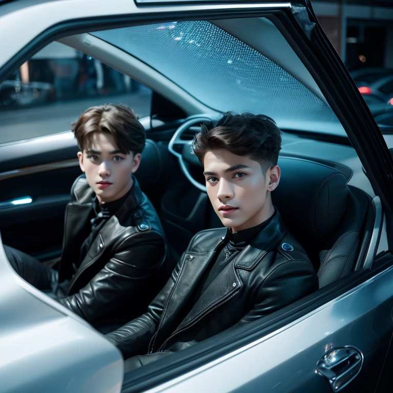 Amazingly handsome boy in Tesla car with his friend in love on futuristic background, realistic face, 8k ultra high quality, HD .Detailed Face Details . clothes , car interior and 2 boys! Photo portrait of 2 boys in the highest quality !