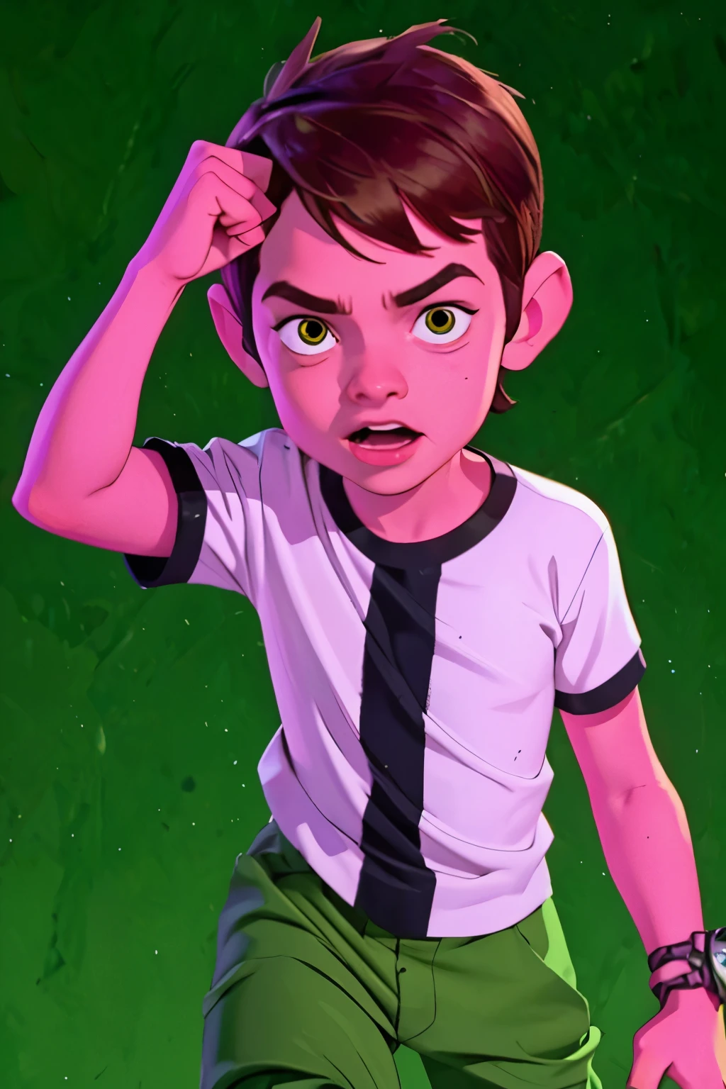 Movie poster, Ben 10 (((, 4yo )))rown eyes, (((wearing a white outfit with black stripe in the center, green pants))) , showing fist. (Omnitrix on arm)) . (Action facial expression ) . highy detailed, face detailed, realisitic, cinematic lighting, studio quality, proffesional, face detailed, intrikate, bright coloured. ((abstract lighting background)).