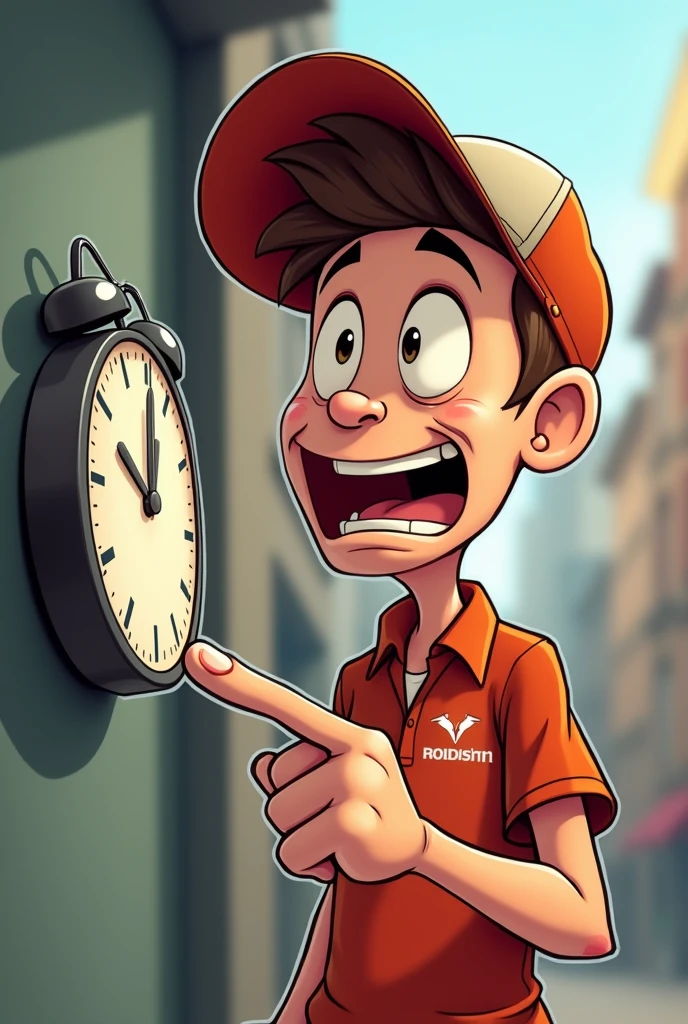 Delivery boy  pointing his finger at clock stress cartoon