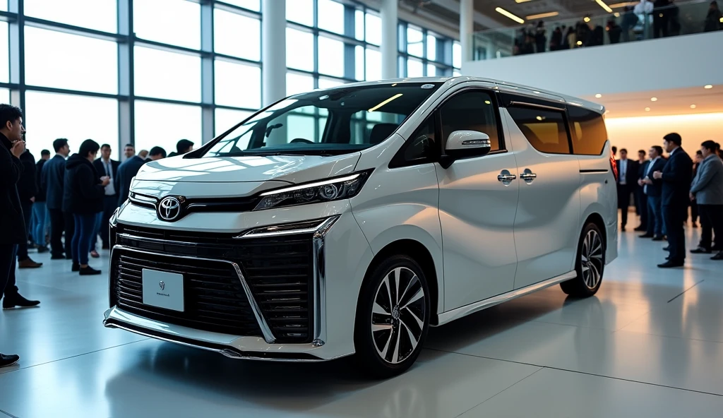a luxury Toyota Hiace MPV Van mixed with tesla, modern design, in a showroom with a lots people