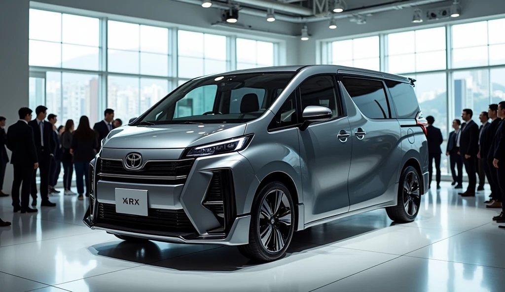 a luxury Toyota Hiace MPV Van mixed with tesla, modern design, in a showroom with a lots people